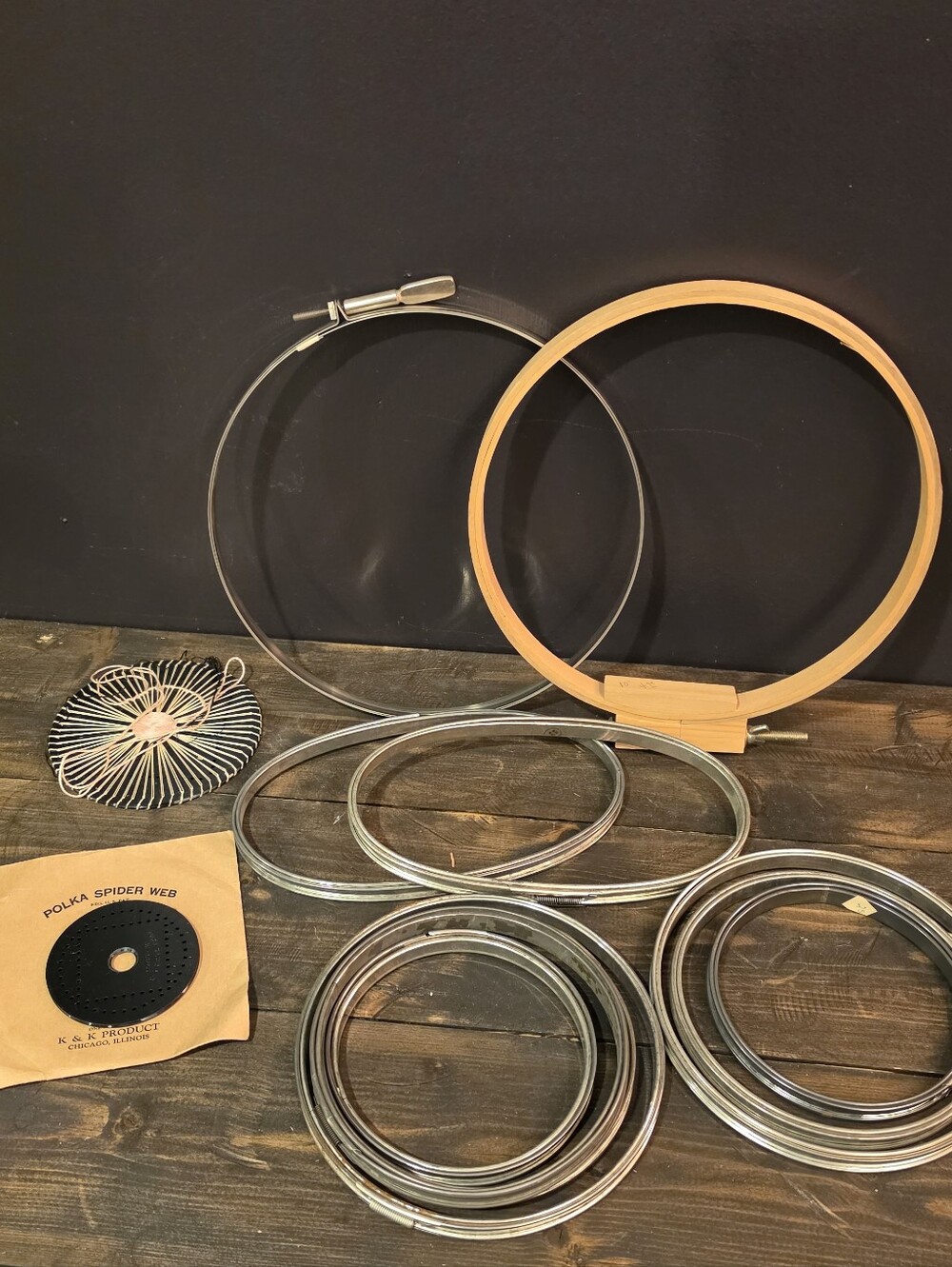 Vintage Embroidery Hoops Lot Polka Spider Web Loom Metal Wood 5" 7" 9" 10"